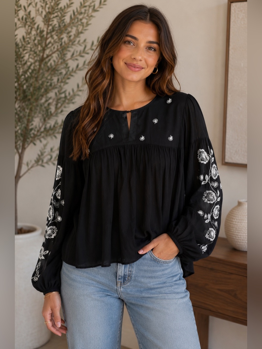 Alya Francesca's Black Embroidered Boho Peasant Blouse Size Medium
